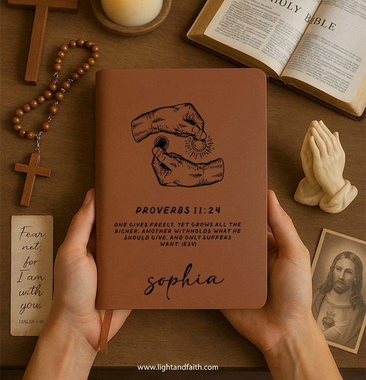 Personalized Christian Journal with "Proverbs 11:24", Custom Name Prayer & Faith Notebook, Religious Gift, First Communion Gifts, Birthday. NBLAF61